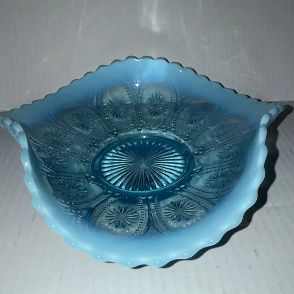 Antique Northwood Blue Opalescent Spokes & Wheels Trifold Footed Carnival Glass